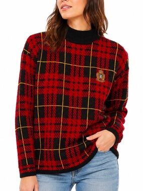 Vintage Tampa Womens M Red Black Tartan Plaid Mock Neck Sweater Scotland Crest